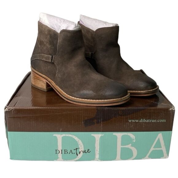 Diba True Suede Distressed Caspian Pull-On Bootie Low Stack Heel Square Toe